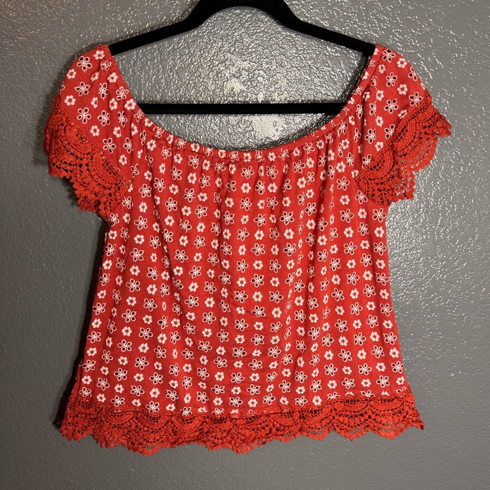 Kontrol Womens Off The Shoulder Floral Lace Top Summer Short Sleeve Size L Large